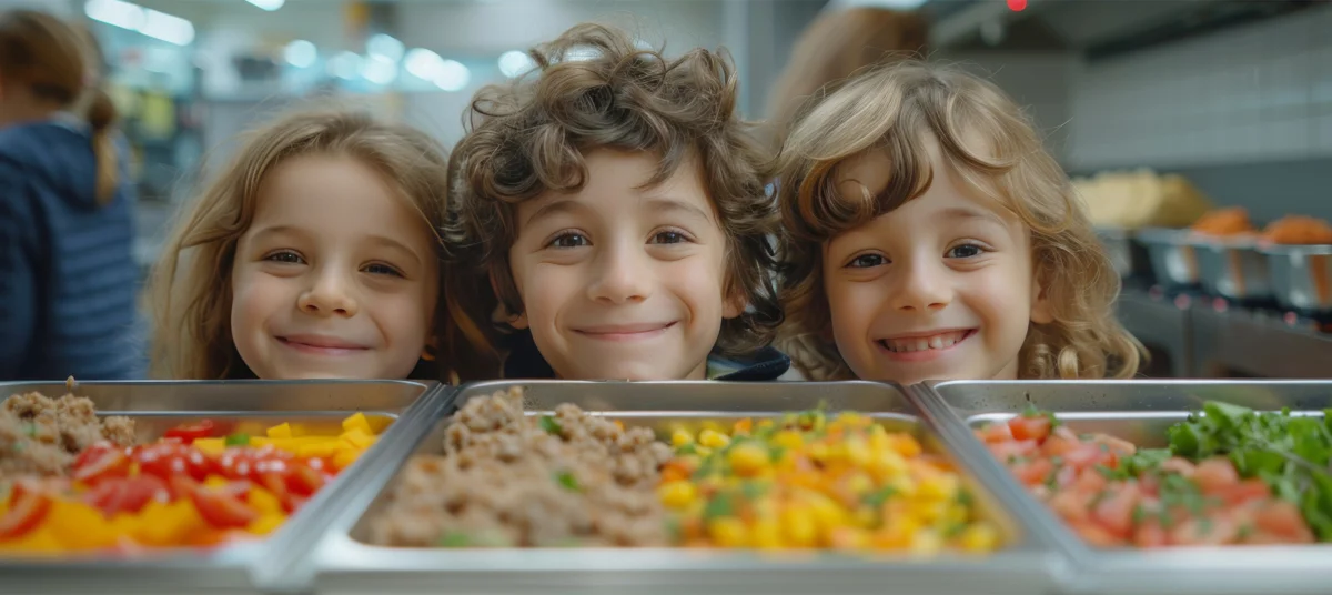 Smiling Primary Children At Food Counter